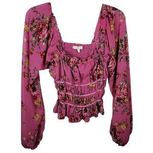 Wayf Pink Floral Liza Smocked Square Neck Top Women's Size XS